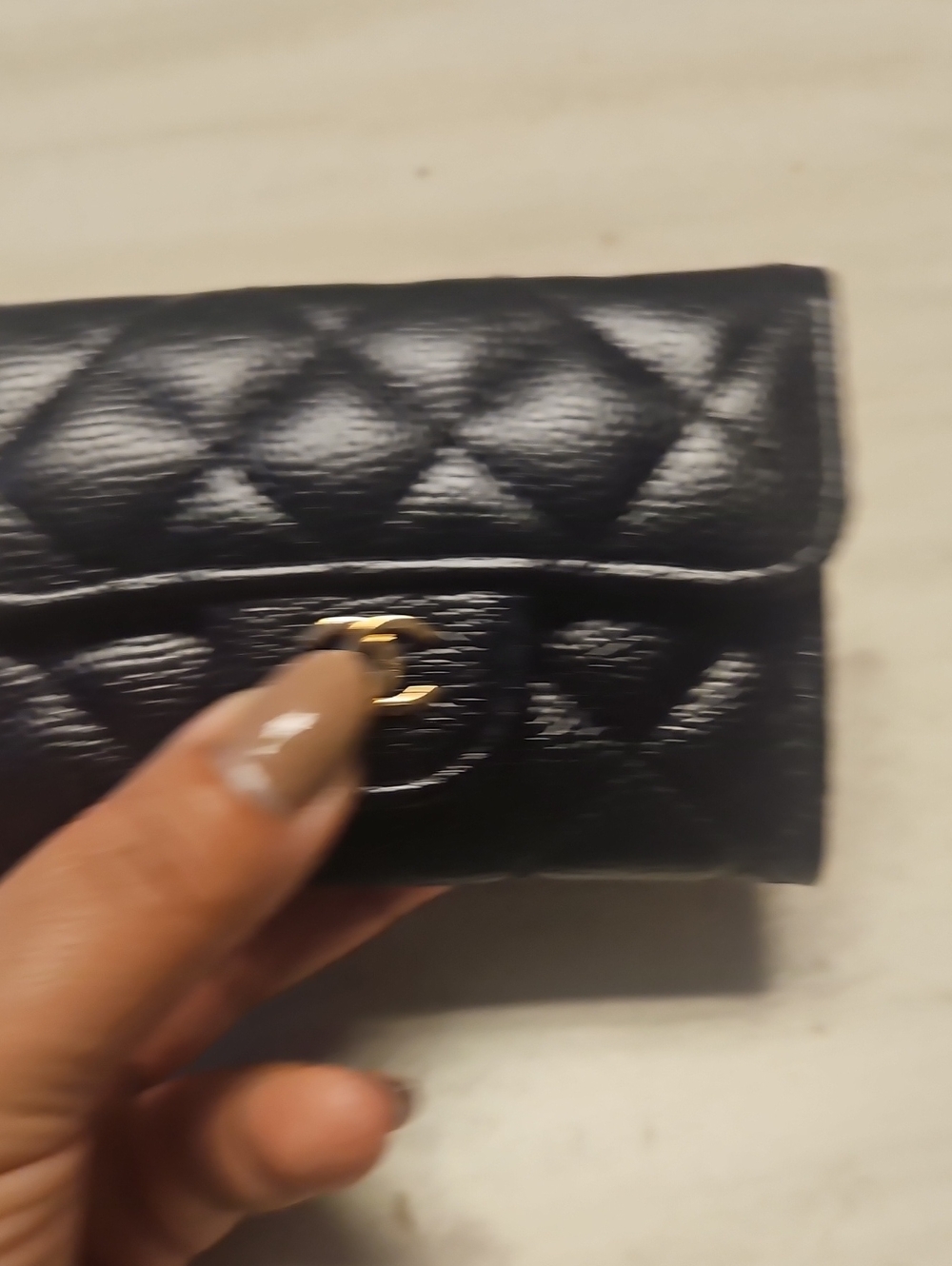 Black Quilted Faux Leather Wallet with Gold Hardware - Women's